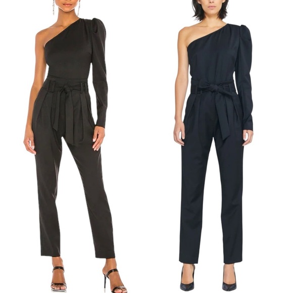 IRO Harabel Wool One Shoulder Puff Sleeve Belt Tailored Pleated Jumper Jumpsuit - Picture 3 of 15